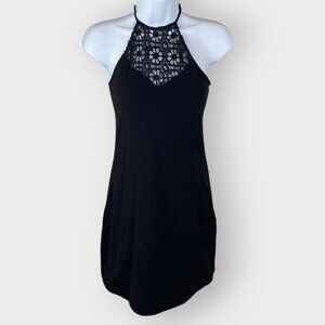 Free People One Halter Mini Dress | S | Black Floral Crochet | Coastal Beachy